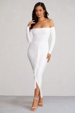Leanora | White Long Sleeve Bardot Midi Dress With Front Ruffle
