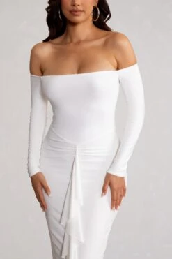 Leanora | White Long Sleeve Bardot Midi Dress With Front Ruffle -ENY Clothing Shop WB BR CL129283 LeanoraWhiteLongSleeveBardotMidiDresswithFrontRuffle4