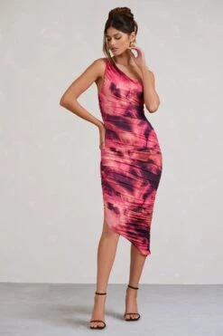 Dorit | Pink Print One Shoulder Asymmetric Ruched Midi Dress -ENY Clothing Shop WB BR CL129293008 Dorit PinkPrintOneShoulderAsymmetricRuchedMidiDress0