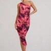 Dorit | Pink Print One Shoulder Asymmetric Ruched Midi Dress