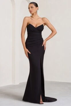 Elene | Black Pleated Split Fishtail Maxi Dress -ENY Clothing Shop WB BR CL129347002 Elene BlackPleatedSplitFishtailMaxiDress2