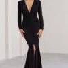 Demure | Black Ruched Long-Sleeved Split Fishtail Maxi Dress -ENY Clothing Shop WB BR CL129348002 DemureBlackRuchedLong SleevedSplitFishtailMaxiDress0