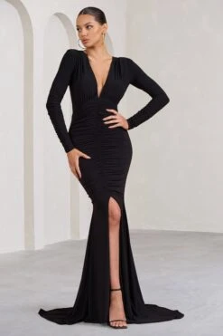 Demure | Black Ruched Long-Sleeved Split Fishtail Maxi Dress -ENY Clothing Shop WB BR CL129348002 DemureBlackRuchedLong SleevedSplitFishtailMaxiDress1