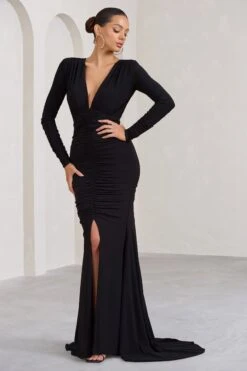 Demure | Black Ruched Long-Sleeved Split Fishtail Maxi Dress -ENY Clothing Shop WB BR CL129348002 DemureBlackRuchedLong SleevedSplitFishtailMaxiDress2