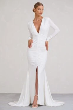 Demure | White Ruched Long-Sleeved Split Fishtail Maxi Dress -ENY Clothing Shop WB BR CL129348005 DemureWhiteRuchedLong SleevedSplitFishtailMaxiDress0