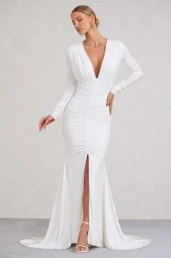 Demure | White Ruched Long-Sleeved Split Fishtail Maxi Dress -ENY Clothing Shop WB BR CL129348005 DemureWhiteRuchedLong SleevedSplitFishtailMaxiDress1