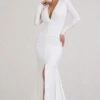 Demure | White Ruched Long-Sleeved Split Fishtail Maxi Dress -ENY Clothing Shop WB BR CL129348005 DemureWhiteRuchedLong SleevedSplitFishtailMaxiDress3