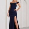Harmony | Navy Ruched Bardot Split Fishtail Maxi Dress -ENY Clothing Shop WB BR CL129352015 Harmony NavyRuchedBardotSplitFishtailMaxiDress3