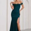Harmony | Bottle Green Ruched Bardot Split Fishtail Maxi Dress -ENY Clothing Shop WB BR CL129352047 HarmonyBottleGreenRuchedBardotSplitFishtailMaxiDress1