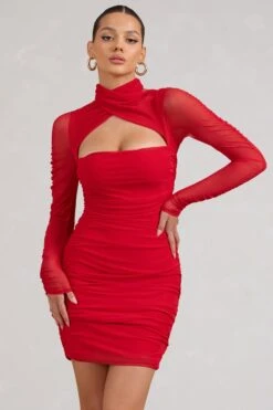 Bouquet Toss | Red Ruched Mesh Long-Sleeved Mini Dress -ENY Clothing Shop WB BR CL129353004 BouquetRedRuchedMeshLong SleevedMiniDress0