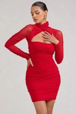 Bouquet Toss | Red Ruched Mesh Long-Sleeved Mini Dress -ENY Clothing Shop WB BR CL129353004 BouquetRedRuchedMeshLong SleevedMiniDress2