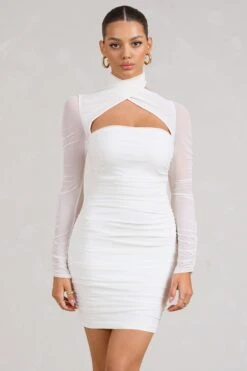 Bouquet Toss | White Ruched Mesh Long-Sleeved Mini Dress -ENY Clothing Shop WB BR CL129353005 BouquetWhiteRuchedMeshLong SleevedMiniDress1