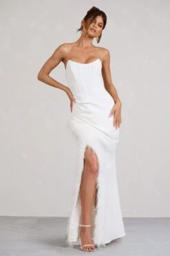 Say Yes | White Corset Maxi Dress With Split Feather Skirt -ENY Clothing Shop WB BR CL129356005 SayYesWhiteCorsetMaxiDressWithSplitFeatherSkirt3