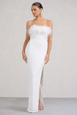 Old Money | White Bodycon Sequin Maxi Dress With Feather Trim -ENY Clothing Shop WB BR CL129357005 OldMoneyWhiteBodyconSequinMaxiDressWithFeatherTrim1