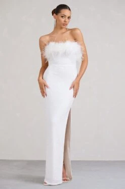 Old Money | White Bodycon Sequin Maxi Dress With Feather Trim -ENY Clothing Shop WB BR CL129357005 OldMoneyWhiteBodyconSequinMaxiDressWithFeatherTrim2