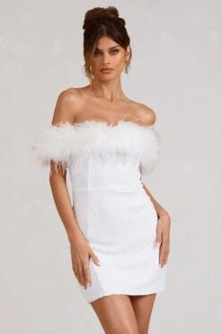 New Money | White Bodycon Sequin Mini Dress With Feather Trim 10 New Money | White Bodycon Sequin Mini Dress With Feather Trim -ENY Clothing Shop WB BR CL129364005 NewMoneyWhiteBodyconSequinMiniDressWithFeatherTrim2