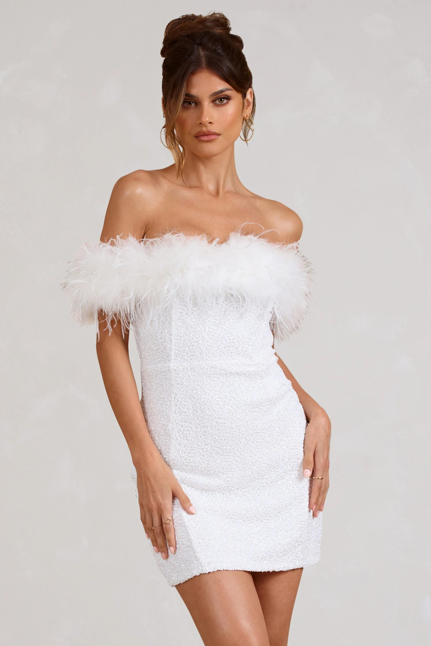 New Money | White Bodycon Sequin Mini Dress With Feather Trim 6 New Money | White Bodycon Sequin Mini Dress With Feather Trim - Image 4