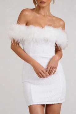 New Money | White Bodycon Sequin Mini Dress With Feather Trim 9 New Money | White Bodycon Sequin Mini Dress With Feather Trim -ENY Clothing Shop WB BR CL129364005 NewMoneyWhiteBodyconSequinMiniDressWithFeatherTrim4