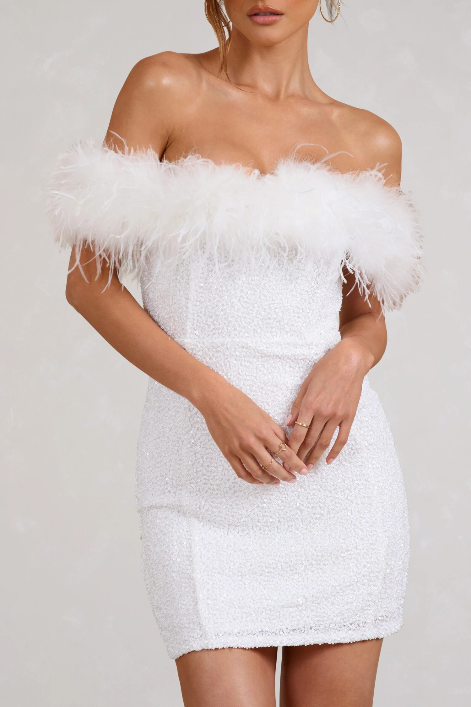 New Money | White Bodycon Sequin Mini Dress With Feather Trim 5 New Money | White Bodycon Sequin Mini Dress With Feather Trim - Image 3
