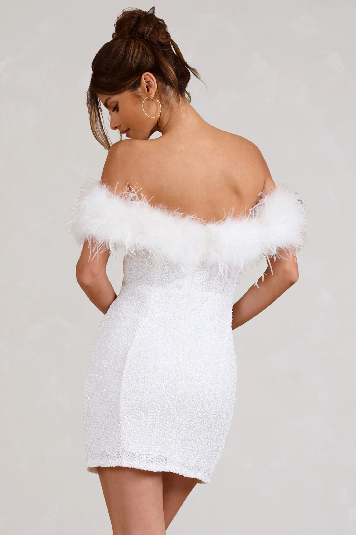 New Money | White Bodycon Sequin Mini Dress With Feather Trim 4 New Money | White Bodycon Sequin Mini Dress With Feather Trim - Image 2