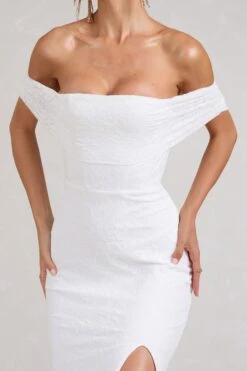 Lilibet | White Lace Bardot Split Maxi Dress -ENY Clothing Shop WB BR CL129368005 LilibetWhiteLaceBardotSplitMaxiDress4