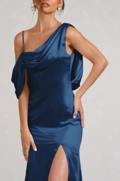 Jayne | Navy Satin Asymmetric Draped Split Maxi Dress 8 Jayne | Navy Satin Asymmetric Draped Split Maxi Dress -ENY Clothing Shop WB BR CL129372028 JayneNavySatinAsymmetricDrapedSplitMaxiDress5