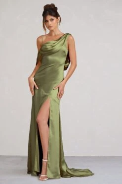 Jayne | Olive Satin Asymmetric Draped Split Maxi Dress -ENY Clothing Shop WB BR CL129372028 JayneOliveSatinAsymmetricDrapedSplitMaxiDress2