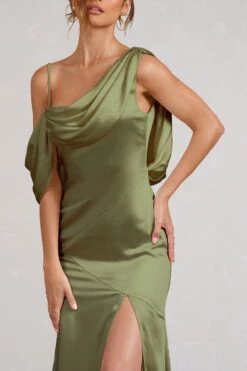 Jayne | Olive Satin Asymmetric Draped Split Maxi Dress -ENY Clothing Shop WB BR CL129372028 JayneOliveSatinAsymmetricDrapedSplitMaxiDress5