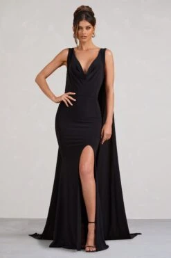 A Toast | Black Split Maxi Dress With Draped Cape -ENY Clothing Shop WB BR CL129376002 AToastBlackSplitMaxiDressWithDrapedCape1