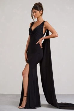 A Toast | Black Split Maxi Dress With Draped Cape -ENY Clothing Shop WB BR CL129376002 AToastBlackSplitMaxiDressWithDrapedCape4