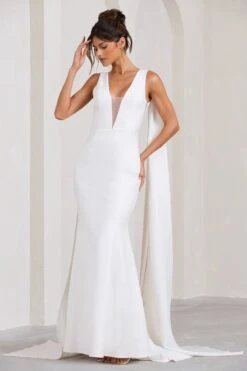 Rosaline | White Plunging Fishtail Maxi Dress With Cape -ENY Clothing Shop WB BR CL129377005 RosalineWhitePlungingFishtailMaxiDressWithCape3