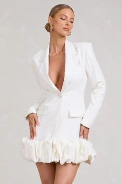 Cloud Catching | White Tailored Blazer Mini Dress With Ruffled Hem -ENY Clothing Shop WB BR CL129387005 CloudCatchingWhiteTailoredBlazerDressWithRuffledHem1