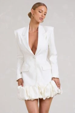 Cloud Catching | White Tailored Blazer Mini Dress With Ruffled Hem -ENY Clothing Shop WB BR CL129387005 CloudCatchingWhiteTailoredBlazerDressWithRuffledHem3