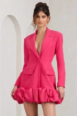 Cloud Catching | Hot Pink Tailored Blazer Mini Dress With Ruffled Hem -ENY Clothing Shop WB BR CL129387073 CloudCatchingHotPinkTailoredBlazerDressWithRuffledHem1