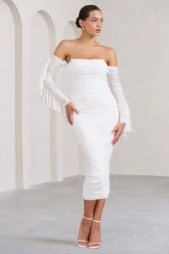 Favor | White Ruched Mesh Bardot Midi Dress 11 Favor | White Ruched Mesh Bardot Midi Dress -ENY Clothing Shop WB BR CL129388005 FavorWhiteRuchedMeshBardotMidiDress0