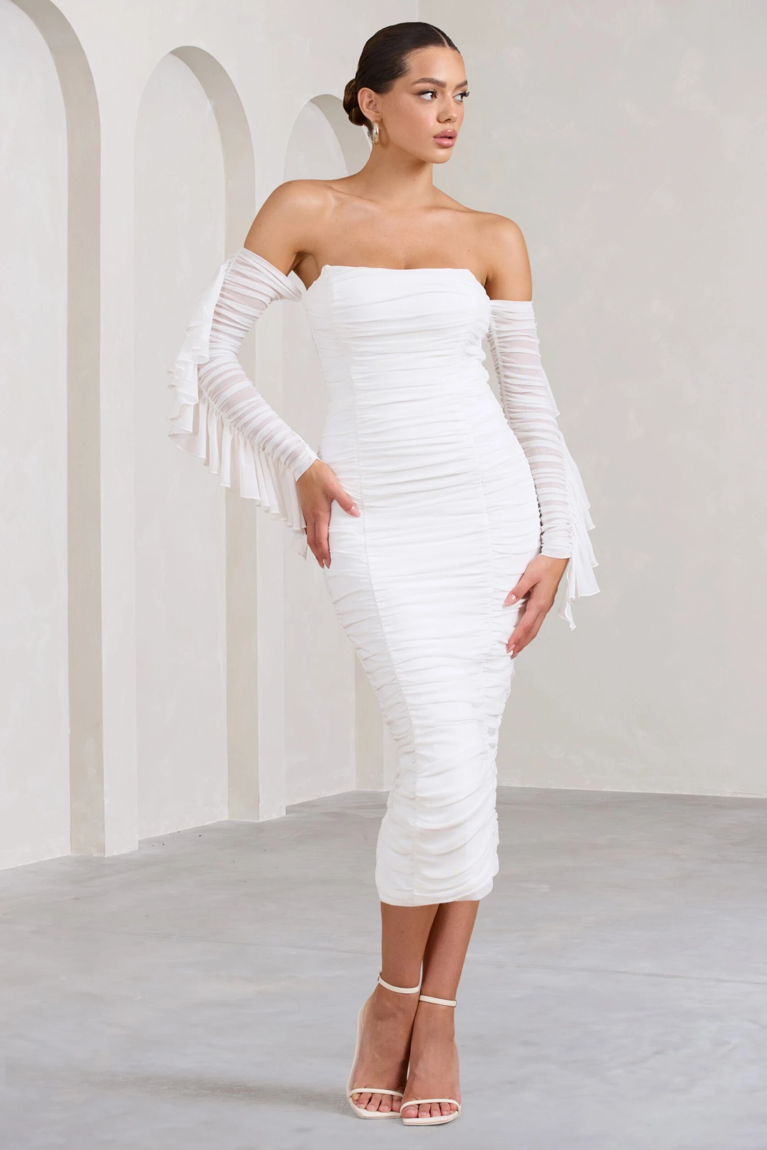 Favor | White Ruched Mesh Bardot Midi Dress 7 Favor | White Ruched Mesh Bardot Midi Dress - Image 5