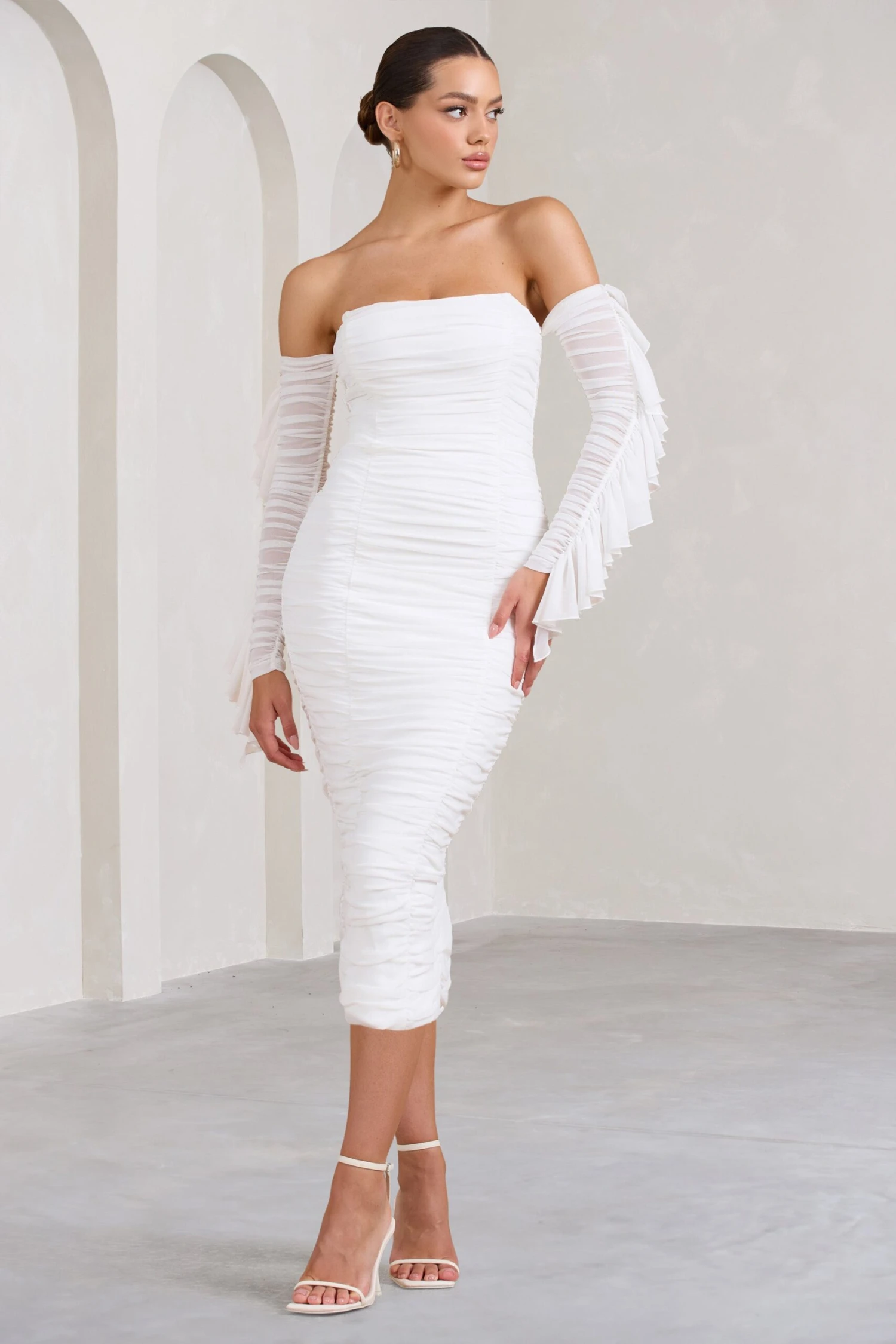 Favor | White Ruched Mesh Bardot Midi Dress 3 Favor | White Ruched Mesh Bardot Midi Dress