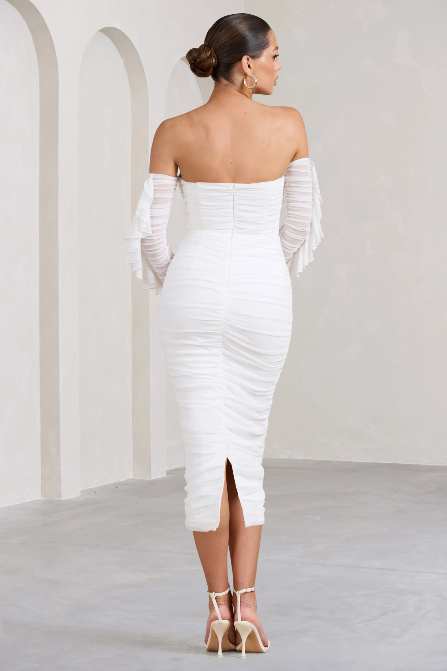 Favor | White Ruched Mesh Bardot Midi Dress 4 Favor | White Ruched Mesh Bardot Midi Dress - Image 2