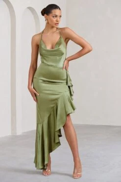 Lady Rosselini | Olive Strappy Asymmetric Ruffled Maxi Dress -ENY Clothing Shop WB BR CL129419113 LadyRosseliniOliveStrappyAsymmetricRuffledMaxiDress4