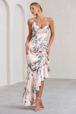 Lady Rosselini | Pink Floral Strappy Asymmetric Ruffled Maxi Dress -ENY Clothing Shop WB BR CL129419146 LadyRosseliniPinkFloralStrappyAsymmetricRuffledMaxiDress1