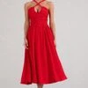 Lady Loren | Red Ruched Cross-Strap Split Midi Dress