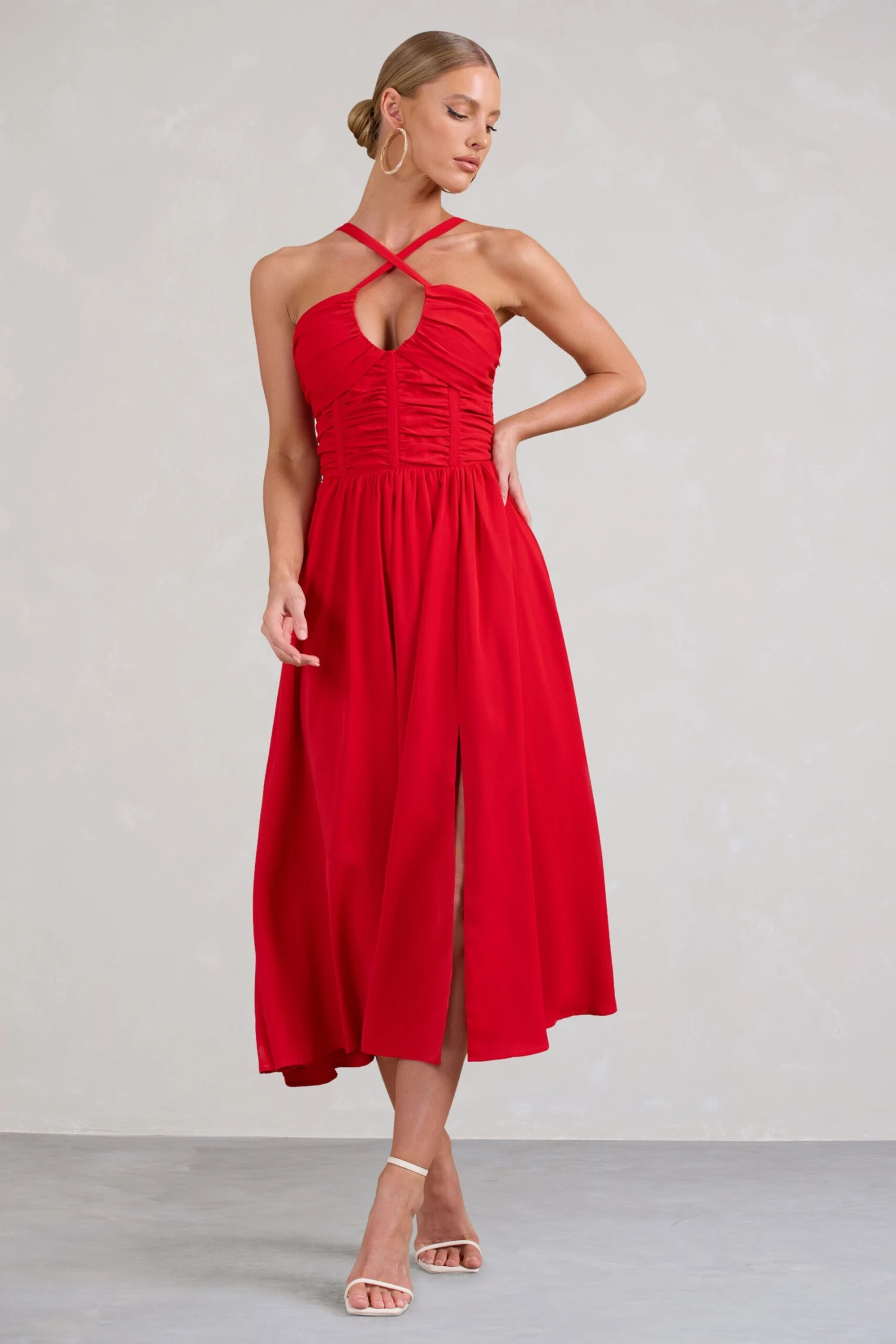 Lady Loren | Red Ruched Cross-Strap Split Midi Dress 6 Lady Loren | Red Ruched Cross-Strap Split Midi Dress - Image 4