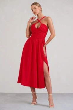 Lady Loren | Red Ruched Cross-Strap Split Midi Dress 11 Lady Loren | Red Ruched Cross-Strap Split Midi Dress -ENY Clothing Shop WB BR CL129423004 LadyLorenRedRuchedCross StrapSplitMidiDress2