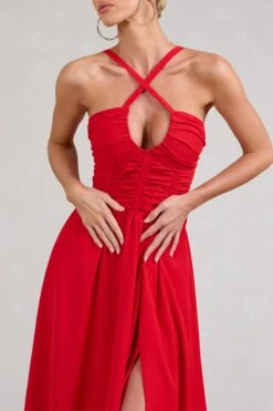 Lady Loren | Red Ruched Cross-Strap Split Midi Dress 9 Lady Loren | Red Ruched Cross-Strap Split Midi Dress -ENY Clothing Shop WB BR CL129423004 LadyLorenRedRuchedCross StrapSplitMidiDress3
