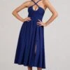 Lady Loren | Navy Ruched Cross-Strap Split Midi Dress