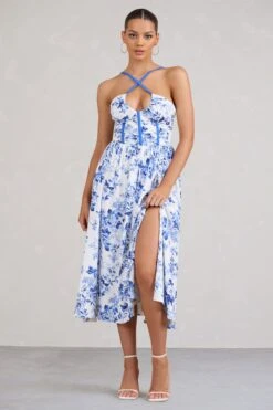 Lady Loren | Blue Floral Ruched Cross-Strap Split Midi Dress -ENY Clothing Shop WB BR CL129423144 LadyLorenBlueFloralRuchedCross StrapSplitMidiDress1