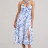 Lady Loren | Blue Floral Ruched Cross-Strap Split Midi Dress -ENY Clothing Shop WB BR CL129423144 LadyLorenBlueFloralRuchedCross StrapSplitMidiDress3
