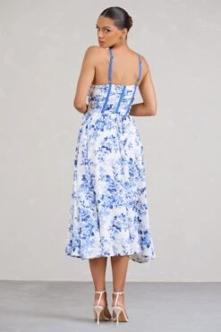 Lady Loren | Blue Floral Ruched Cross-Strap Split Midi Dress -ENY Clothing Shop WB BR CL129423144 LadyLorenBlueFloralRuchedCross StrapSplitMidiDress5