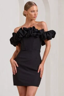 Dawn | Black Ruffled Bardot Mini Dress -ENY Clothing Shop WB BR CL129435002 02528