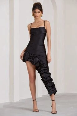 Florence | Black Satin Asymmetric Ruffle Cowl Midi Dress -ENY Clothing Shop WB BR CL129436002 FlorenceBlackSatinAsymmetricRuffleCowlMidiDress2